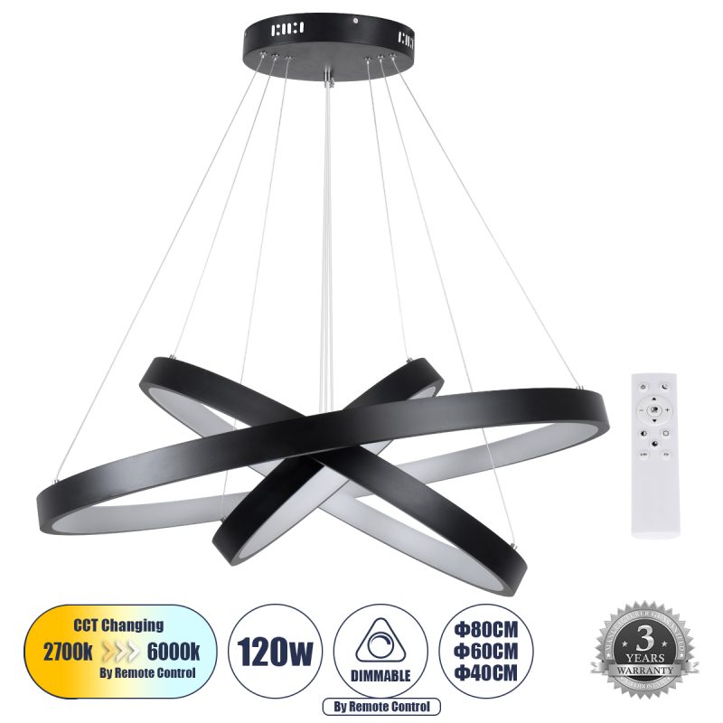 NEMESIS TRIO -DECO Μοντέρνο Κρεμαστό Φωτιστικό Οροφής LED 120W 14723lm 360° AC 220-240V IP20 Ρυθμιζόμενο Λευκό CCT με Χειριστήριο από 2700K έως 6000K Dimmable - Lumileds SMD Chip - Μαύρο - Μ80 x Π80 x Υ90cm