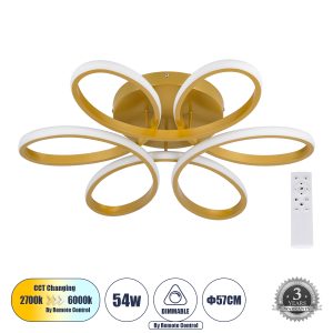 MARGARET Μοντέρνο Φωτιστικό Οροφής LED 54W 6210lm 360° AC 220-240V IP20 Ρυθμιζόμενο Λευκό CCT με Χειριστήριο από 2700K έως 6000K Dimmable - Lumileds SMD Chip - Χρυσό Βούρτσας - Μ57 x Π57 x Υ12cm