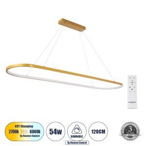 BOLIVAR Μοντέρνο Κρεμαστό Φωτιστικό Οροφής LED 54W 6210lm 360° AC 220-240V IP20 Ρυθμιζόμενο Λευκό CCT με Χειριστήριο από 2700K έως 6000K Dimmable - Lumileds SMD Chip - Χρυσό Βούρτσας - Μ120 x Π30 x Υ2cm