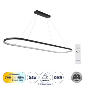 BOLIVAR Μοντέρνο Κρεμαστό Φωτιστικό Οροφής LED 54W 6210lm 360° AC 220-240V IP20 Ρυθμιζόμενο Λευκό CCT με Χειριστήριο από 2700K έως 6000K Dimmable - Lumileds SMD Chip - Μαύρο Ματ - Μ120 x Π30 x Υ2cm