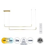 LINARIA DUO Μοντέρνο Κρεμαστό Φωτιστικό Οροφής LED 72W 8300lm 200° AC 220-240V IP20 Ρυθμιζόμενο Λευκό CCT με Χειριστήριο από 2700K έως 6000K Dimmable - Lumileds SMD Chip - Χρυσό Βούρτσας - Μ220 x Π4 x Υ25cm