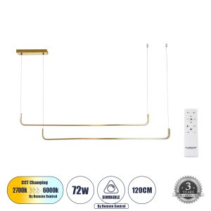 LINARIA DUO Μοντέρνο Κρεμαστό Φωτιστικό Οροφής LED 72W 8300lm 200° AC 220-240V IP20 Ρυθμιζόμενο Λευκό CCT με Χειριστήριο από 2700K έως 6000K Dimmable - Lumileds SMD Chip - Χρυσό Βούρτσας - Μ220 x Π4 x Υ25cm