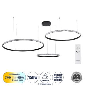 DIAMOND TRIO Μοντέρνο Κρεμαστό Φωτιστικό Οροφής LED 150W 18379lm 360° AC 220-240V IP20 Ρυθμιζόμενο Λευκό CCT με Χειριστήριο από 2700K έως 6000K Dimmable - Lumileds SMD Chip - Μαυρό Ματ - Μ170 x Π170 x Υ60cm