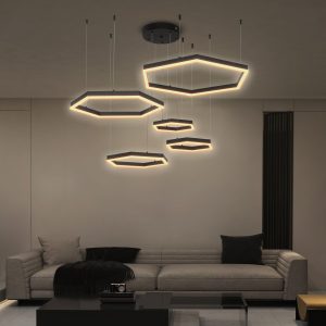 kelvo® LEXAGON Μοντέρνο Κρεμαστό Φωτιστικό Οροφής LED 120W 12000lm 200° AC 220-240V IP20 Ρυθμιζόμενο Λευκό CCT με Χειριστήριο από 2700K έως 6000K Dimmable - Lumileds SMD Chip - Μαύρο - Μ110 x Π90 x Υ110cm