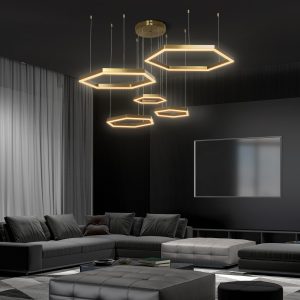 kelvo® LEXAGON Μοντέρνο Κρεμαστό Φωτιστικό Οροφής LED 120W 12000lm 200° AC 220-240V IP20 Ρυθμιζόμενο Λευκό CCT με Χειριστήριο από 2700K έως 6000K Dimmable - Lumileds SMD Chip - Χρυσό Βούρτσας - Μ110 x Π90 x Υ110cm