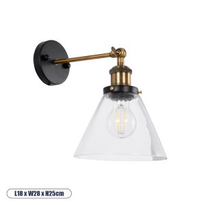 BINGLEY Vintage Φωτιστικό Τοίχου - Απλίκα με Ντουί 1 x E27 AC 220-240V IP20 - Διάφανο & Χρυσό - Μ18 x Π28 x Υ25cm