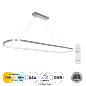 BOLIVAR Μοντέρνο Κρεμαστό Φωτιστικό Οροφής LED 54W 6210lm 360° AC 220-240V IP20 Ρυθμιζόμενο Λευκό CCT με Χειριστήριο από 2700K έως 6000K Dimmable - Lumileds SMD Chip - Νίκελ Βούρτσας - Μ120 x Π30 x Υ2cm