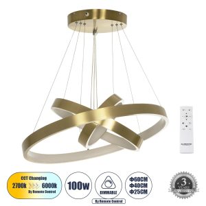 NEMESIS TRIO -DECO Μοντέρνο Κρεμαστό Φωτιστικό Οροφής LED 100W 12123lm 360° AC 220-240V IP20 Ρυθμιζόμενο Λευκό CCT με Χειριστήριο από 2700K έως 6000K Dimmable - Lumileds SMD Chip - Χρυσό Βούρτσας - Μ60 x Π60 x Υ60cm