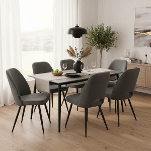 Τραπεζαρία Gustas-Renish σετ 7τεμ γκρι μαρμάρου -μπουκλέ γκρι 160x80x75εκ