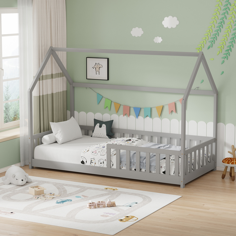 Παιδικό κρεβάτι Montessori Callan με κιγκλίδωμα γκρι 90x190εκ