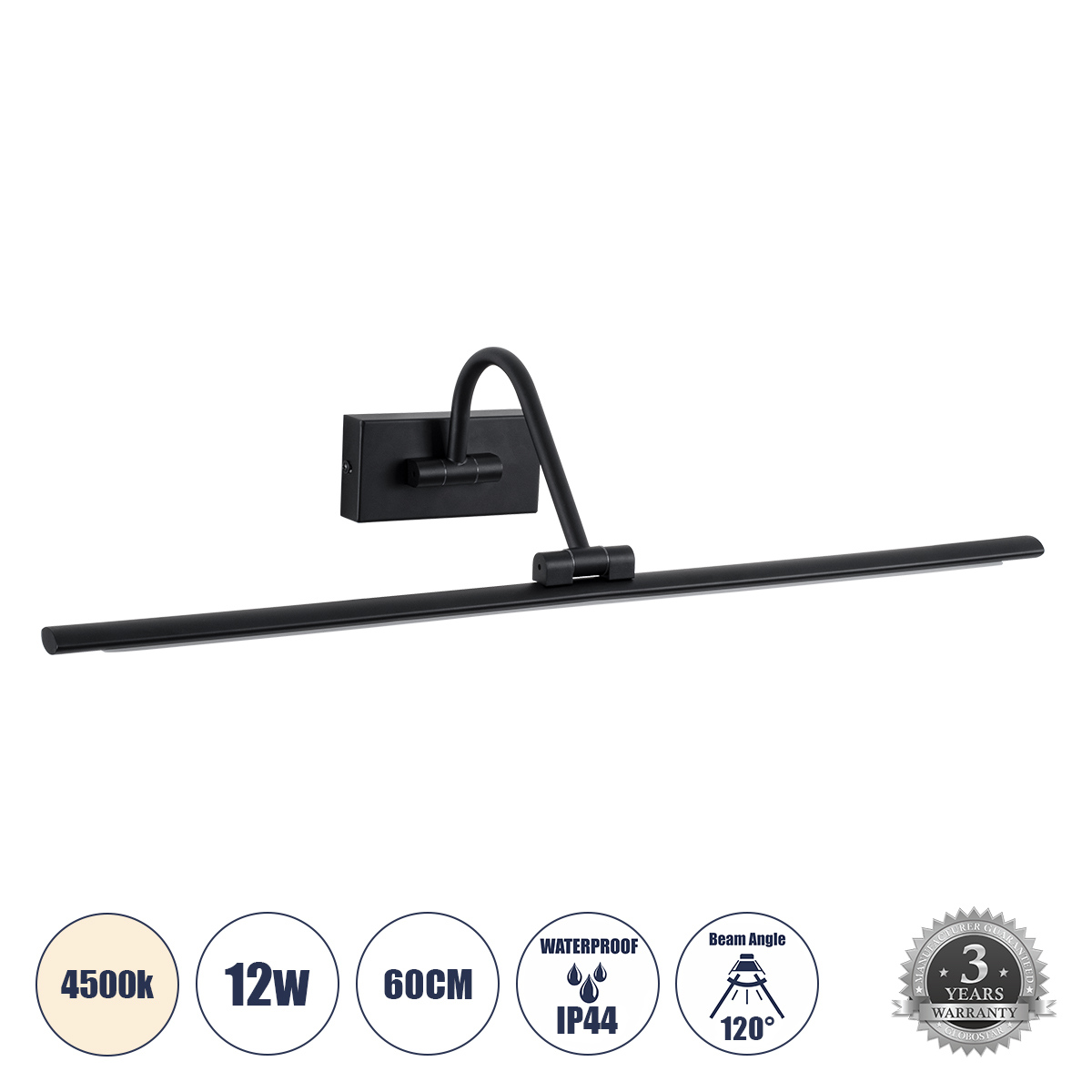 MIRA Μοντέρνο Φωτιστικό Τοίχου - Απλίκα Καθρέπτη Μπάνιου LED 12W 1400lm 120° AC 220-240V IP44 Φυσικό Λευκό 4500K - Lumileds SMD Chip & TÜV SÜD Driver - Μαύρο Ματ - Μ60 x Π20 x Υ13cm