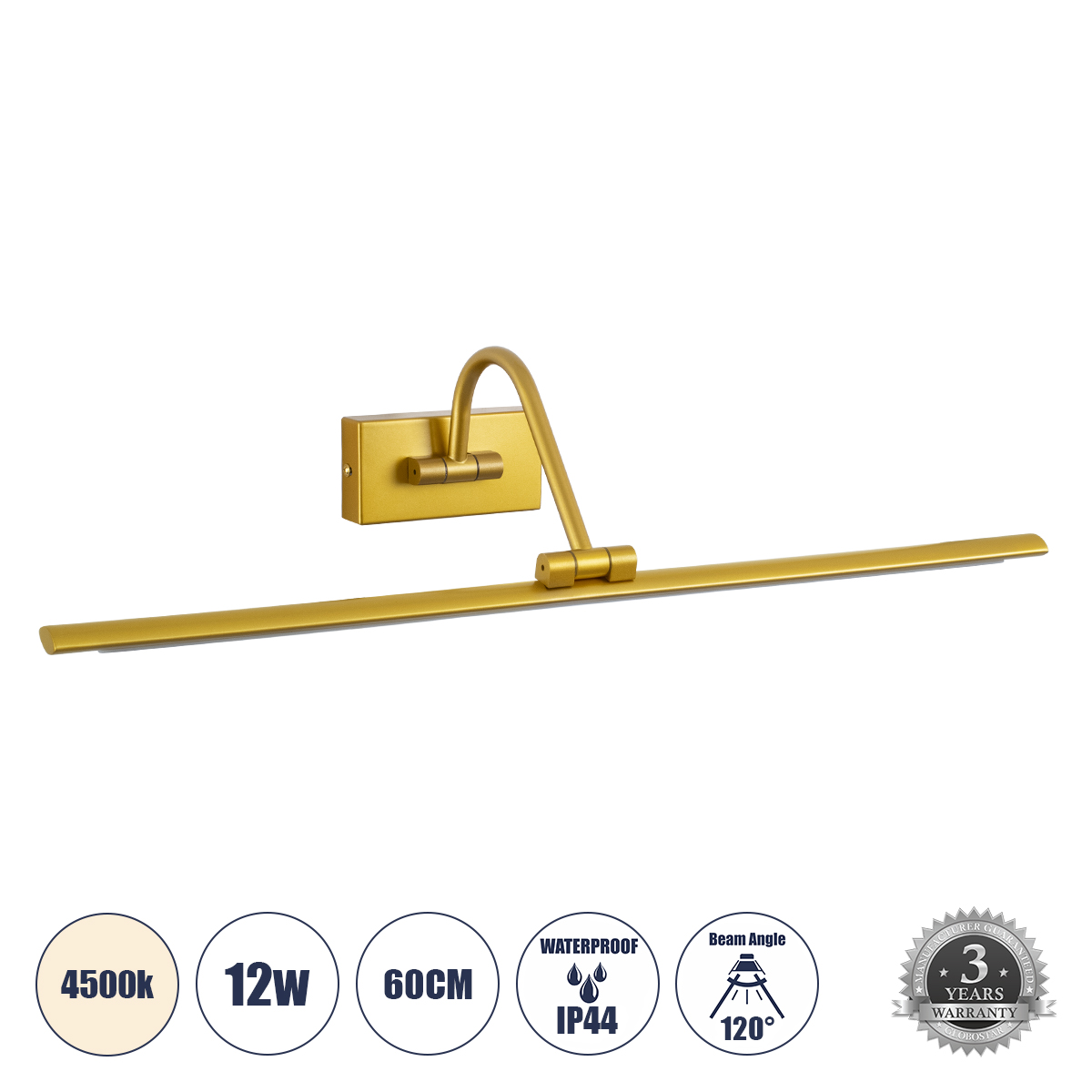 MIRA Μοντέρνο Φωτιστικό Τοίχου - Απλίκα Καθρέπτη Μπάνιου LED 12W 1400lm 120° AC 220-240V IP44 Φυσικό Λευκό 4500K - Lumileds SMD Chip & TÜV SÜD Driver - Χρυσό - Μ60 x Π20 x Υ13cm