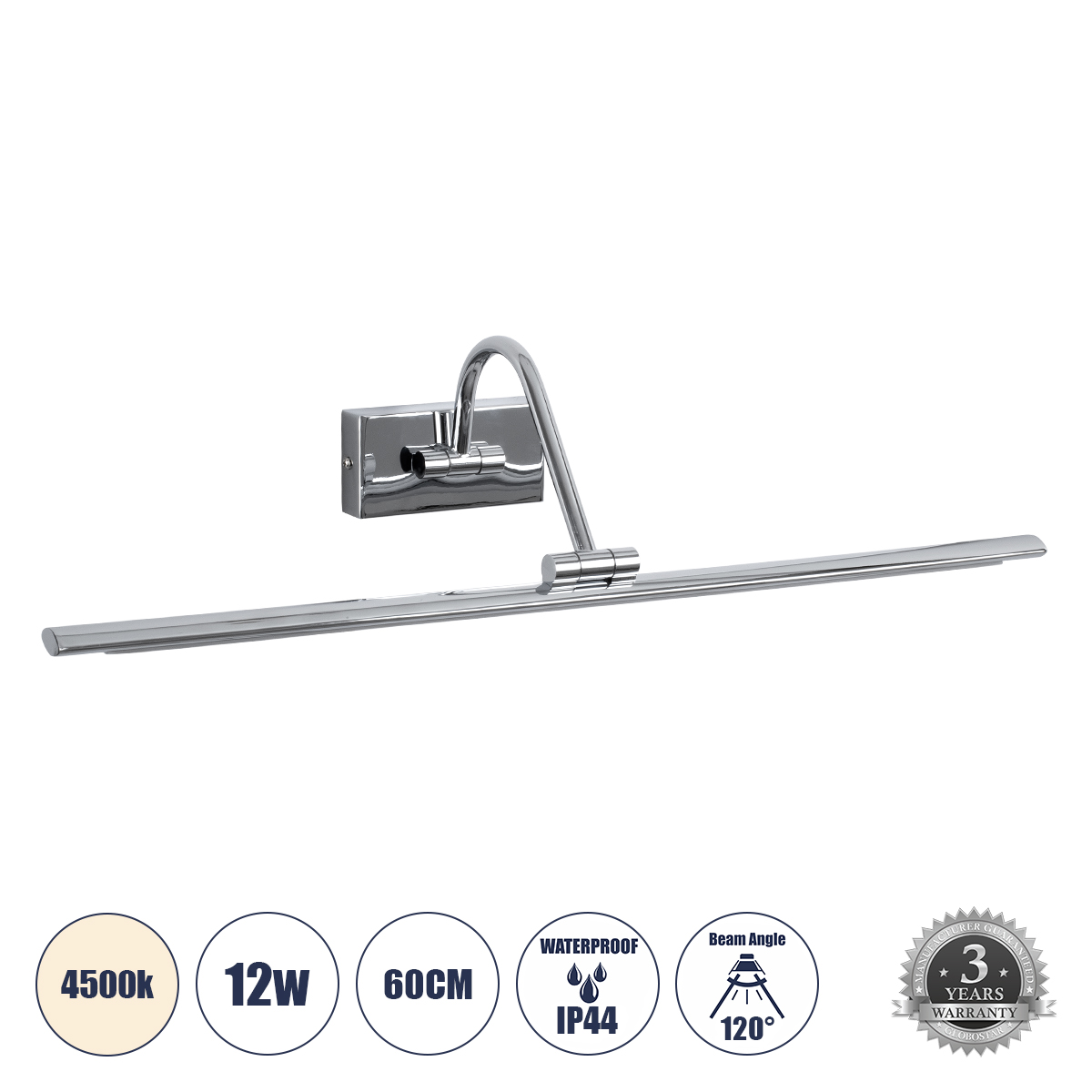 MIRA Μοντέρνο Φωτιστικό Τοίχου - Απλίκα Καθρέπτη Μπάνιου LED 12W 1400lm 120° AC 220-240V IP44 Φυσικό Λευκό 4500K - Lumileds SMD Chip & TÜV SÜD Driver - Νίκελ Χρώμιο - Μ60 x Π20 x Υ13cm