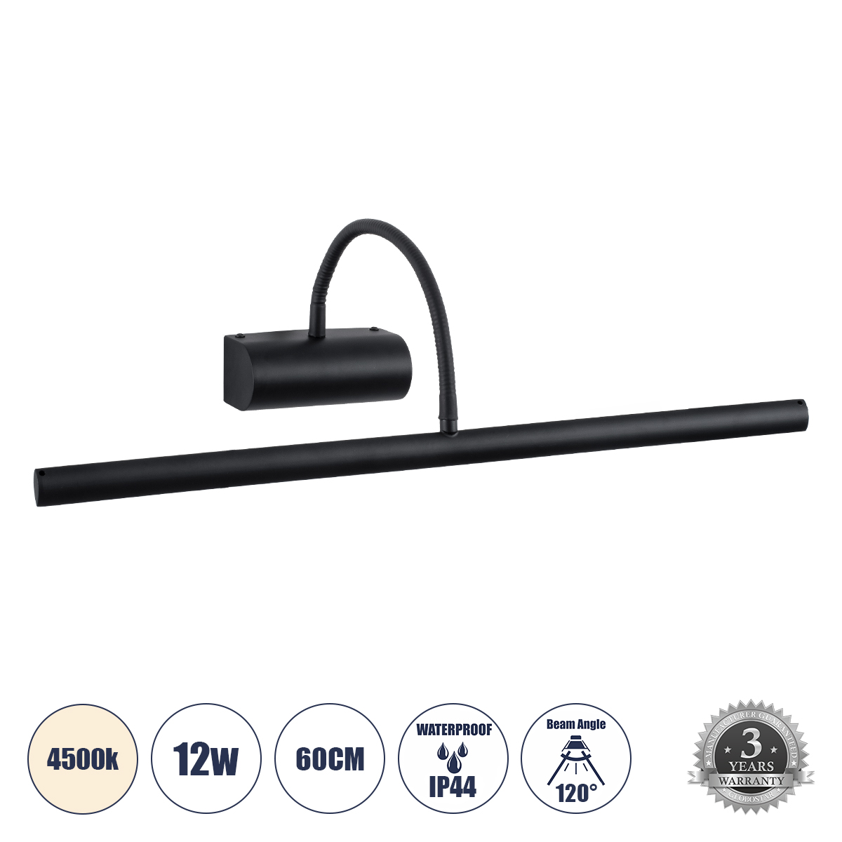 TROIS Μοντέρνο Φωτιστικό Τοίχου - Απλίκα Καθρέπτη Μπάνιου LED 12W 1400lm 120° AC 220-240V IP44 Φυσικό Λευκό 4500K - Lumileds SMD Chip & TÜV SÜD Driver - Μαύρο Ματ - Μ60 x Π24 x Υ18cm