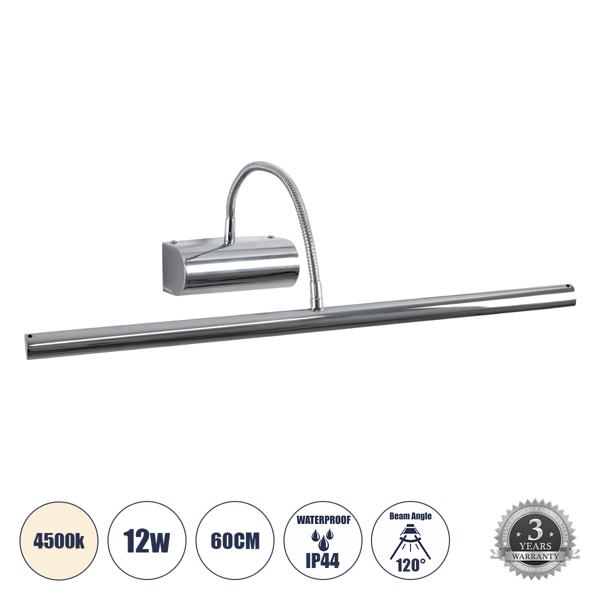 TROIS Μοντέρνο Φωτιστικό Τοίχου - Απλίκα Καθρέπτη Μπάνιου LED 12W 1400lm 120° AC 220-240V IP44 Φυσικό Λευκό 4500K - Lumileds SMD Chip & TÜV SÜD Driver - Νίκελ Χρώμιο - Μ60 x Π24 x Υ18cm