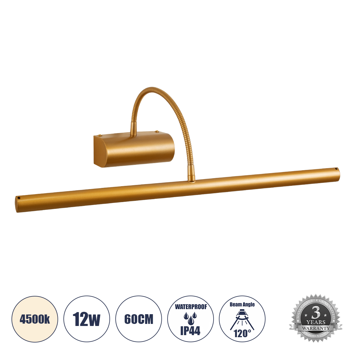 TROIS Μοντέρνο Φωτιστικό Τοίχου - Απλίκα Καθρέπτη Μπάνιου LED 12W 1400lm 120° AC 220-240V IP44 Φυσικό Λευκό 4500K - Lumileds SMD Chip & TÜV SÜD Driver - Χάλκινο - Μ60 x Π24 x Υ18cm