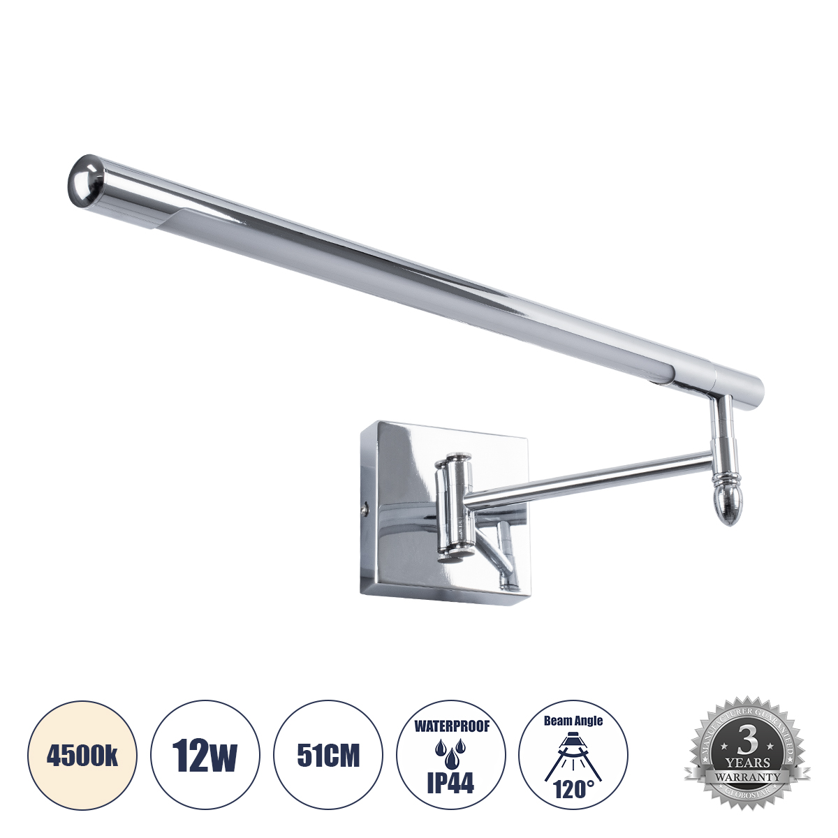 FRIDA Μοντέρνο Φωτιστικό Τοίχου - Απλίκα Καθρέπτη Μπάνιου LED 12W 1400lm 120° AC 220-240V IP44 Φυσικό Λευκό 4500K - Lumileds SMD Chip & TÜV SÜD Driver - Νίκελ Χρώμιο - Μ51 x Π25 x Υ10cm