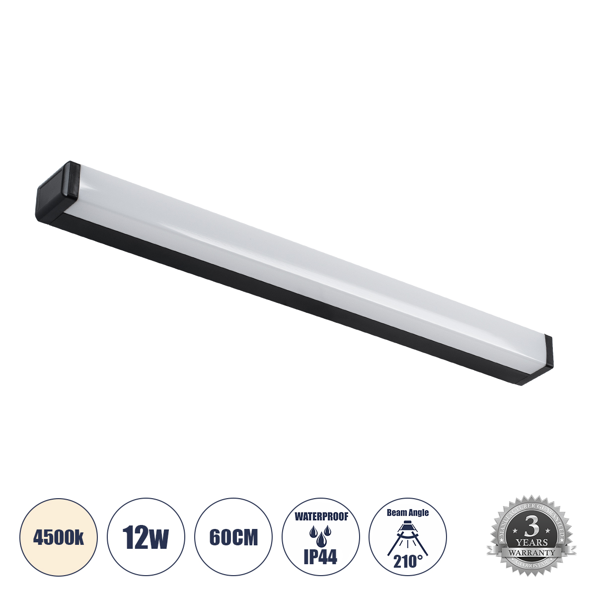 RENATA Μοντέρνο Φωτιστικό Τοίχου - Απλίκα Καθρέπτη Μπάνιου LED 12W 1400lm 180° AC 220-240V IP44 Φυσικό Λευκό 4500K - Lumileds SMD Chip & TÜV SÜD Driver - Μαύρο Ματ - Μ60 x Π4 x Υ5.5cm