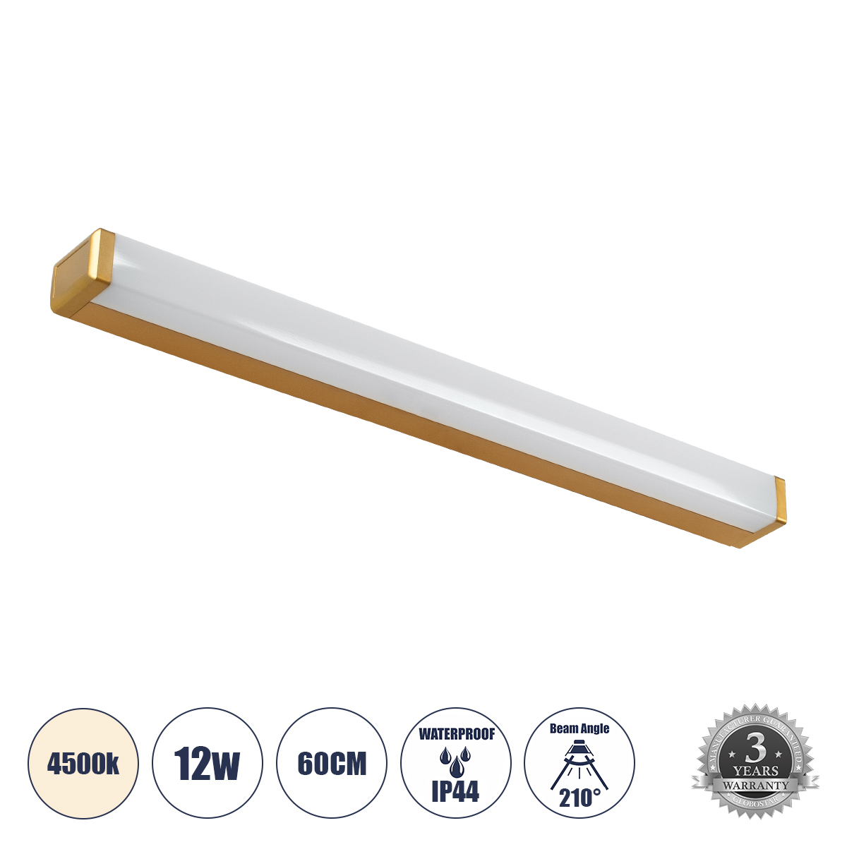 RENATA Μοντέρνο Φωτιστικό Τοίχου - Απλίκα Καθρέπτη Μπάνιου LED 12W 1400lm 210° AC 220-240V IP44 Φυσικό Λευκό 4500K - Lumileds SMD Chip & TÜV SÜD Driver - Χρυσό Βούρτσας - Μ60 x Π4 x Υ5.5cm