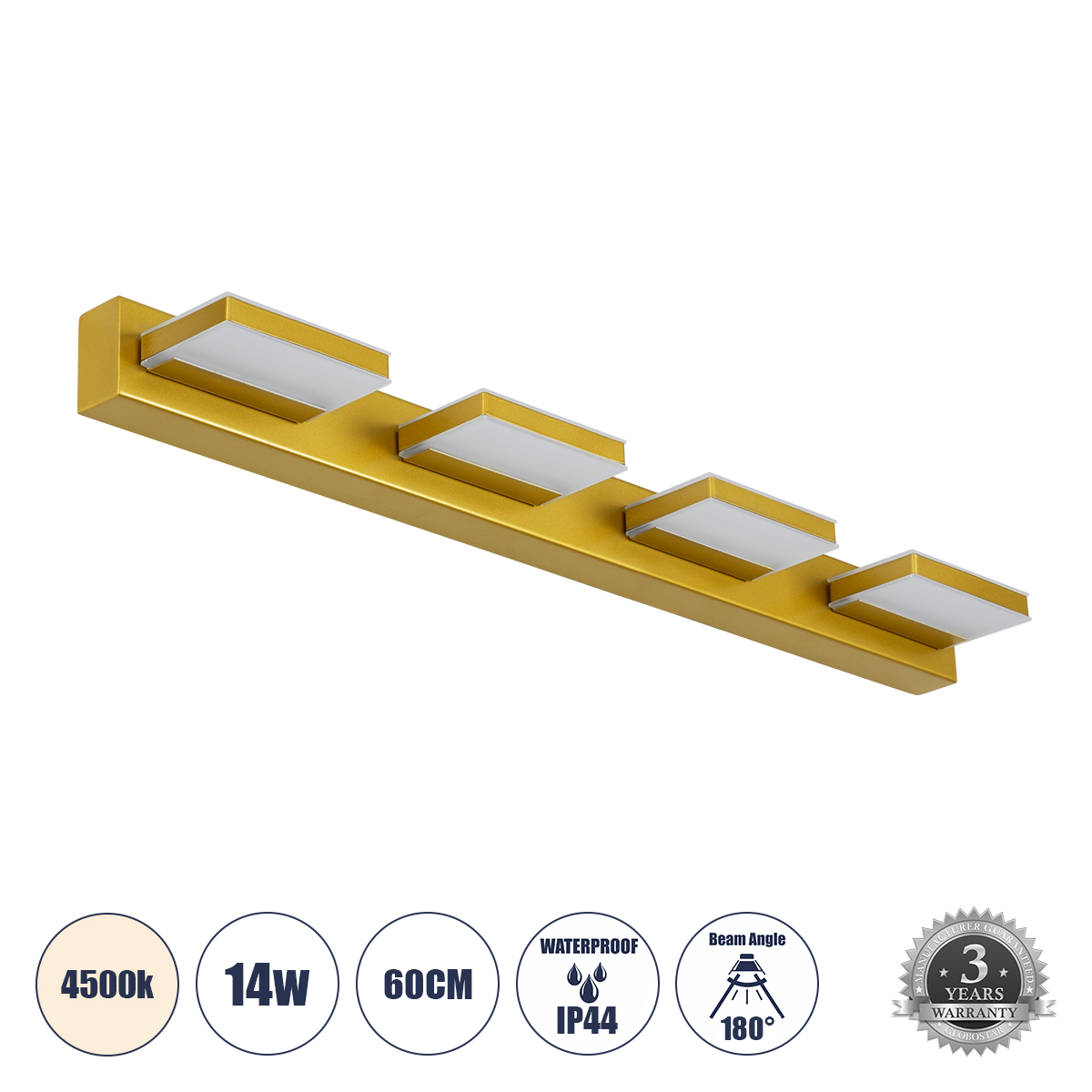 KARLA Μοντέρνο Φωτιστικό Τοίχου - Απλίκα Καθρέπτη Μπάνιου LED 14W 1600lm 180° AC 220-240V IP44 Φυσικό Λευκό 4500K - Lumileds SMD Chip & TÜV SÜD Driver - Χρυσό - Μ60 x Π9 x Υ5cm