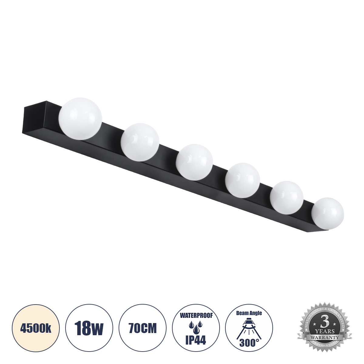 BELLA Μοντέρνο Φωτιστικό Τοίχου - Απλίκα Καθρέπτη Μπάνιου LED 18W 2052lm 300° AC 220-240V IP44 Φυσικό Λευκό 4500K - Bridgelux COB Chip & TÜV SÜD Driver - Μαύρο Ματ & Λευκό - Μ70 x Π11 x Υ6cm