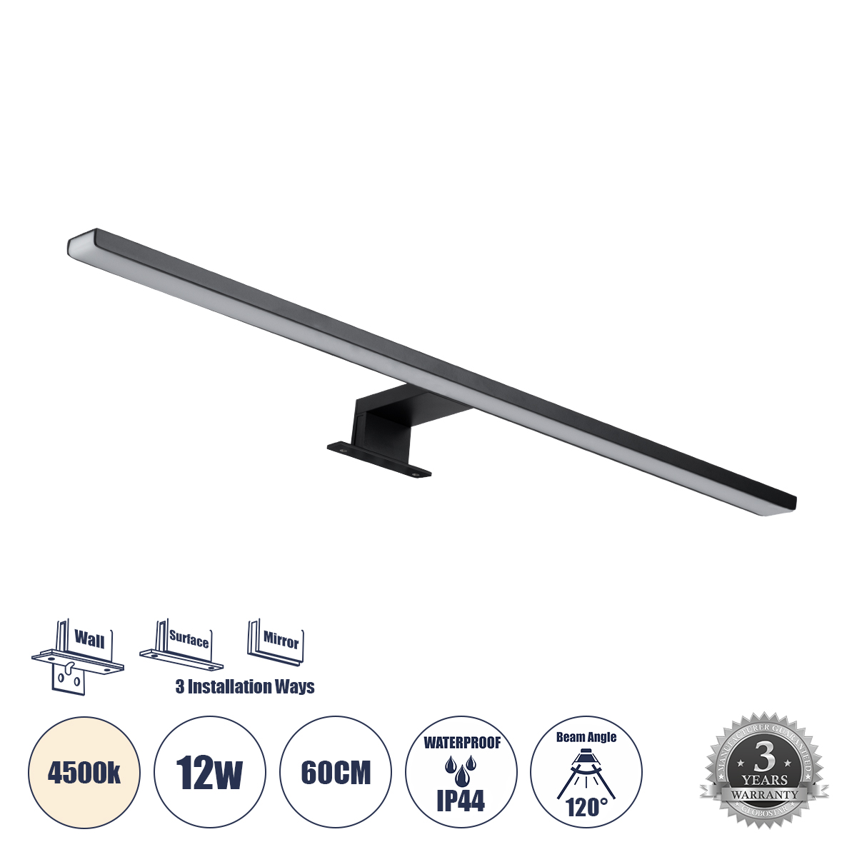 NINA Μοντέρνο Φωτιστικό Τοίχου - Απλίκα Καθρέπτη Μπάνιου LED 12W 1400lm 120° AC 220-240V IP44 Φυσικό Λευκό 4500K - Lumileds SMD Chip & TÜV SÜD Driver - Μαύρο Ματ - Μ60 x Π10.5 x Υ4cm