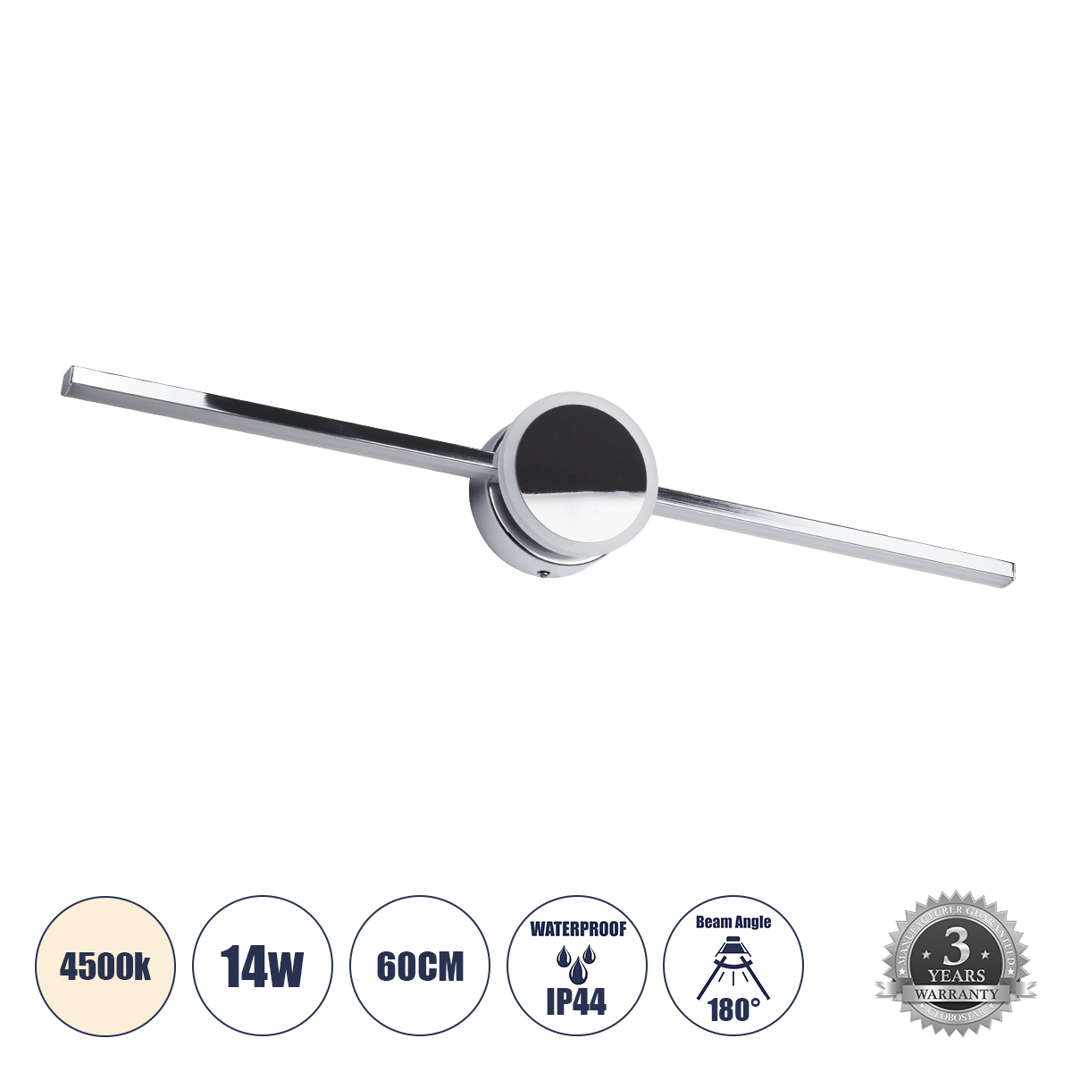 OPAL Μοντέρνο Φωτιστικό Τοίχου - Απλίκα Καθρέπτη Μπάνιου LED 14W 1600lm 180° AC 220-240V IP44 Φυσικό Λευκό 4500K - Lumileds SMD Chip & TÜV SÜD Driver - Νίκελ Χρώμιο - Μ60 x Π6 x Υ10cm