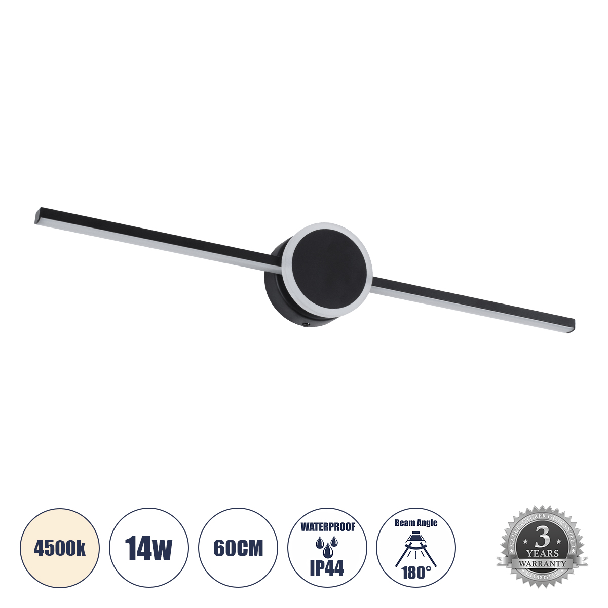 OPAL Μοντέρνο Φωτιστικό Τοίχου - Απλίκα Καθρέπτη Μπάνιου LED 14W 1600lm 180° AC 220-240V IP44 Φυσικό Λευκό 4500K - Lumileds SMD Chip & TÜV SÜD Driver - Μαύρο Ματ - Μ60 x Π6 x Υ10cm