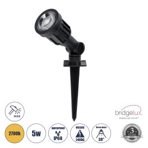 GARDENINI Φωτιστικό Σποτ για Φυτά - Δέντρα με Βάση Κήπου / Καρφωτό LED 5W 650lm 38° DC 24V Αδιάβροχο IP68 Θερμό Λευκό 2700K Dimmable - Lumileds SMD Chip - Μαύρο - Μ5.5 x Π5.5 x Υ13.5cm