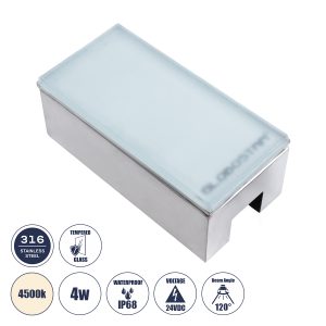CYBOLITHOS Χωνευτό Αρχιτεκτονικο Φωτιστικό Σποτ Δαπέδου LED 4W 460lm 120° DC 24V Αδιάβροχο IP68 IK06 Φυσικό Λευκό 4500K Dimmable - Bridgelux SMD Chip - Γαλακτερό Tempered Glass & Ανοξείδωτο Ατσάλι SS316 - Μ20 x Π10x Υ8cm / Q20 x 10cm