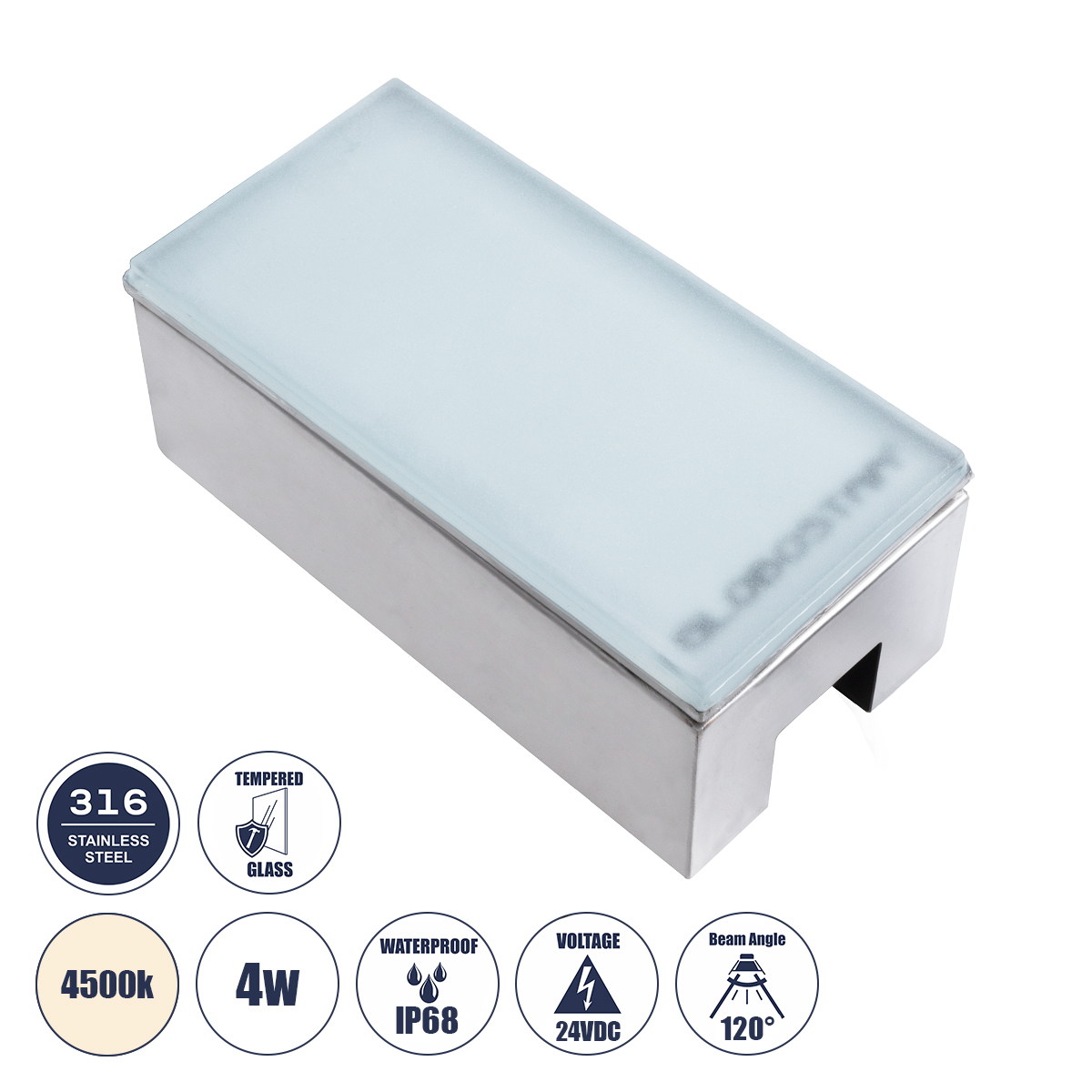 CYBOLITHOS Χωνευτό Αρχιτεκτονικο Φωτιστικό Σποτ Δαπέδου LED 4W 460lm 120° DC 24V Αδιάβροχο IP68 IK06 Φυσικό Λευκό 4500K Dimmable - Bridgelux SMD Chip - Γαλακτερό Tempered Glass & Ανοξείδωτο Ατσάλι SS316 - Μ20 x Π10x Υ8cm / Q20 x 10cm