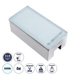 CYBOLITHOS Χωνευτό Αρχιτεκτονικο Φωτιστικό Σποτ Δαπέδου LED 4W 480lm 120° DC 24V Αδιάβροχο IP68 IK06 Ψυχρό Λευκό 6000K Dimmable - Bridgelux SMD Chip - Γαλακτερό Tempered Glass & Ανοξείδωτο Ατσάλι SS316 - Μ20 x Π10x Υ8cm / Q20 x 10cm