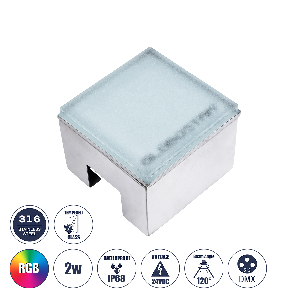 CYBOLITHOS Χωνευτό Αρχιτεκτονικο Φωτιστικό Σποτ Δαπέδου LED 2W 170lm 120° DC 24V Αδιάβροχο IP68 IK06 Πολύχρωμο RGB Dimmable DMX512 - Bridgelux SMD Chip - Γαλακτερό Tempered Glass & Ανοξείδωτο Ατσάλι SS316 - Μ10 x Π10x Υ8cm / Q10 x 10cm