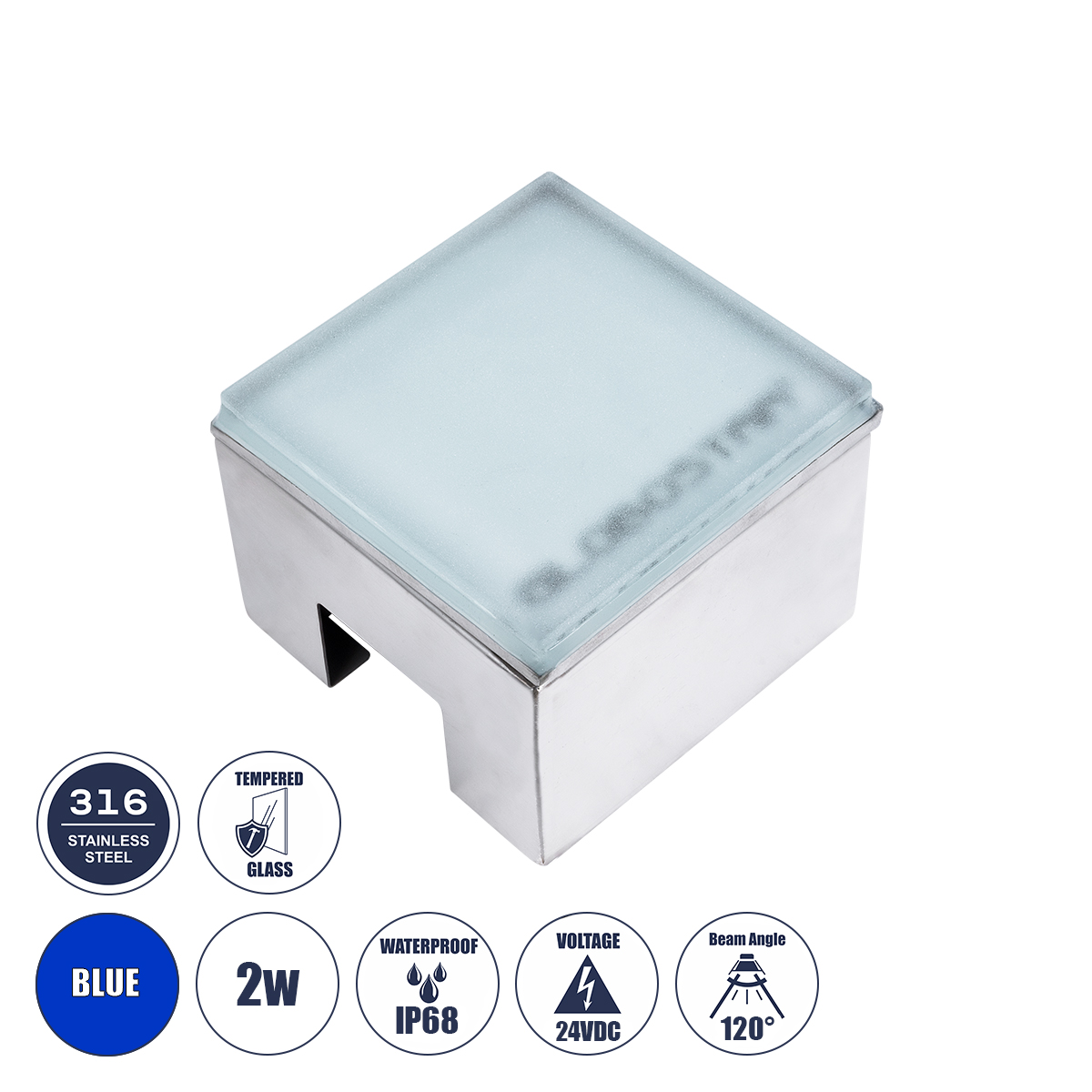 CYBOLITHOS Χωνευτό Αρχιτεκτονικο Φωτιστικό Σποτ Δαπέδου LED 2W 170lm 120° DC 24V Αδιάβροχο IP68 IK06 Μπλε Dimmable - Bridgelux SMD Chip - Γαλακτερό Tempered Glass & Ανοξείδωτο Ατσάλι SS316 - Μ10 x Π10x Υ8cm / Q10 x 10cm