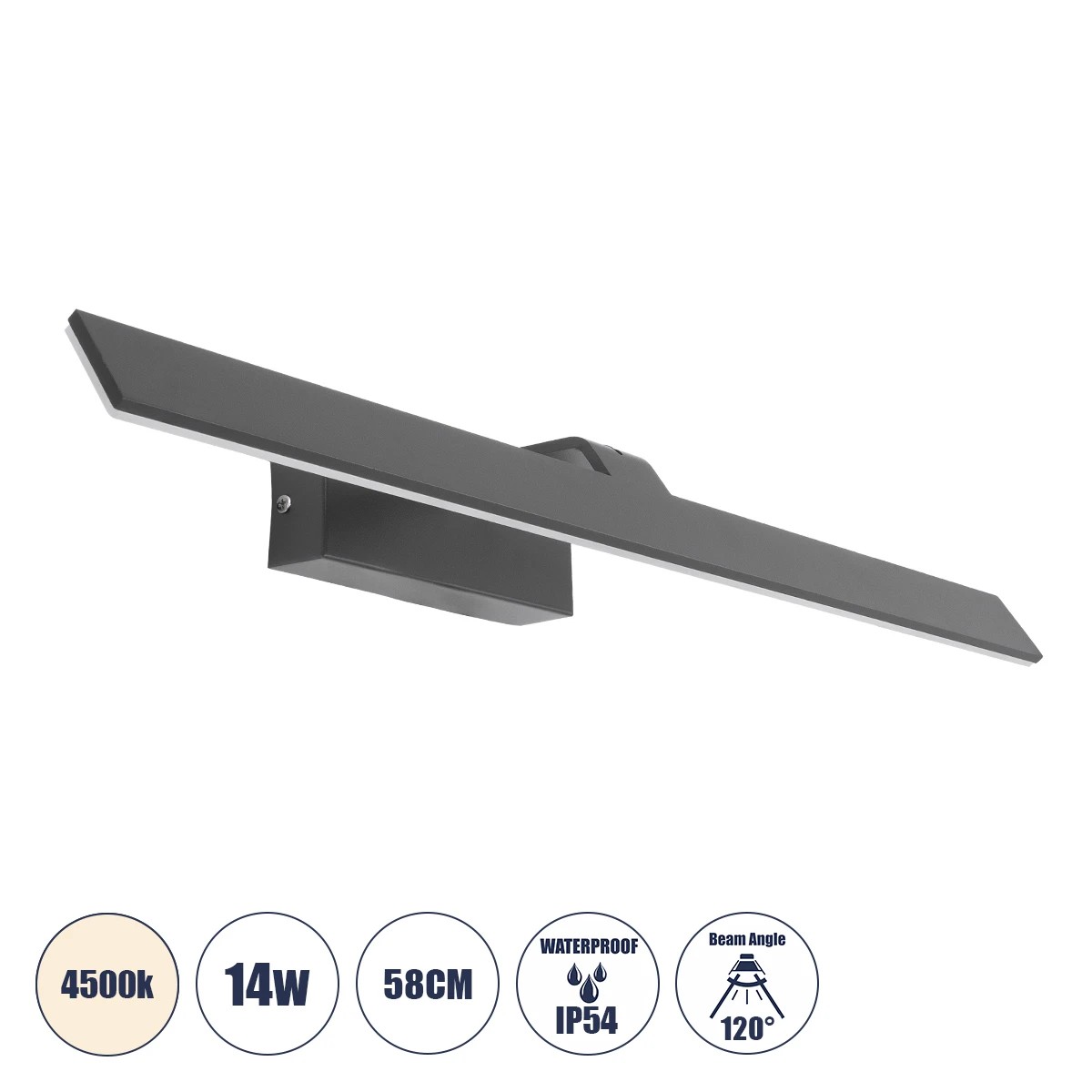 MIRROR Μοντέρνο Φωτιστικό Τοίχου - Απλίκα Καθρέπτη Μπάνιου LED 14W 1680lm 120° AC 220-240V IP54 Φυσικό Λευκό 4500K - Lumileds SMD Chip & TÜV SÜD Driver - Γκρι Ανθρακί Ματ - Μ58 x Π15 x Υ6cm