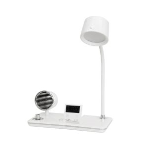 OLDY Μοντέρνο Επιτραπέζιο Φωτιστικό Γραφείου με Ασύρματη Φόρτιση 15W 3A, 5W Bluetooth Ηχείο & Ψηφιακό Ρολόι LED 3W 300lm 120° DC 5V με USB-C IP20 Ρυθμιζόμενο Λευκό CCT με Αφή 2700K/4500K/6000K Dimmable - Sanan SMD Chip - Λευκό - Μ13 x Π25 x Υ43cm