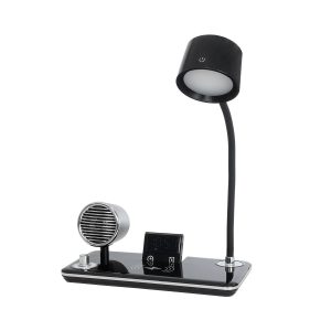 OLDY Μοντέρνο Επιτραπέζιο Φωτιστικό Γραφείου με Ασύρματη Φόρτιση 15W 3A, 5W Bluetooth Ηχείο & Ψηφιακό Ρολόι LED 3W 300lm 120° DC 5V με USB-C IP20 Ρυθμιζόμενο Λευκό CCT με Αφή 2700K/4500K/6000K Dimmable - Sanan SMD Chip - Μαύρο - Μ13 x Π25 x Υ43cm