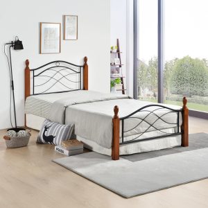 Κρεβάτι Polanian ξύλο rubberwood σε καρυδί απόχρωση-μαύρο μέταλλο 150x200εκ