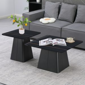 Τραπέζια σαλονιού Square σετ 2 τεμ μέταλλο-sintered stone σε μαύρο μαρμάρου
