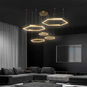 kelvo® LEXAGON KLV- Κρεμαστό Φωτιστικό Οροφής LED 120W 12000lm 200° AC 220-240V IP20 Ρυθμιζόμενο Λευκό CCT με Χειριστήριο από 2700K έως 6000K Dimmable - Lumileds SMD Chip - Χρυσό Πλατίνα - Μ110 x Π90 x Υ110cm