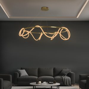 kelvo® GLOW KLV- Κρεμαστό Φωτιστικό Οροφής LED 100W 10000lm 360° AC 220-240V IP20 Ρυθμιζόμενο Λευκό CCT με Χειριστήριο από 2700K έως 6000K Dimmable - Lumileds SMD Chip - Χρυσό Πλατίνα - Μ150 x Π150 x Υ100cm