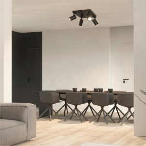 kelvo® SPOTA KLV- Κινούμενο Φωτιστικό Σποτ Οροφής για 4 Λάμπες MR16 με Ντουί GU10 AC 220-240V IP20 - Μαύρο Ματ - Μ26 x Π26 x Υ14cm