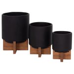 ΣΕΤ 3 Γλάστρες με Teak Βάσεις Tanti Fiber Cement Μαύρο