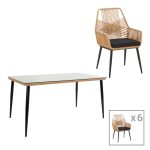 Τραπεζαρία Naoki-Tanish σετ 7τεμ μέταλλο μαύρο-pe φυσικό-γυαλί 160x90x78εκ