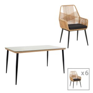 Τραπεζαρία Naoki-Tanish σετ 7τεμ μέταλλο μαύρο-pe φυσικό-γυαλί 160x90x78εκ