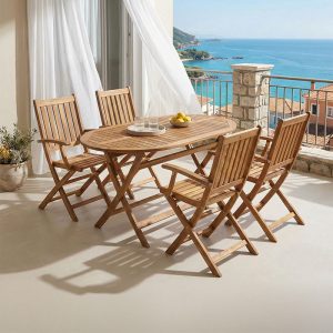 Τραπεζαρία Mobie-Falov σετ 5τεμ φυσικό μασίφ ξύλο ακακίας 130x80x72εκ