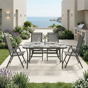 Τραπεζαρία Ensure Candor Σετ 5τεμ Ανθρακί Μέταλλο με Γυαλί