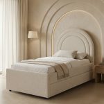 Κρεβάτι Arcuate μπουκλέ ύφασμα μπεζ συρόμενο 90x200εκ