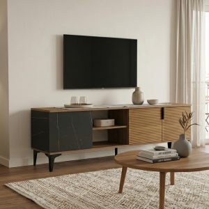 Έπιπλο τηλεόρασης Riba καρυδί-μαύρη όψη μαρμάρου 180x34x51εκ