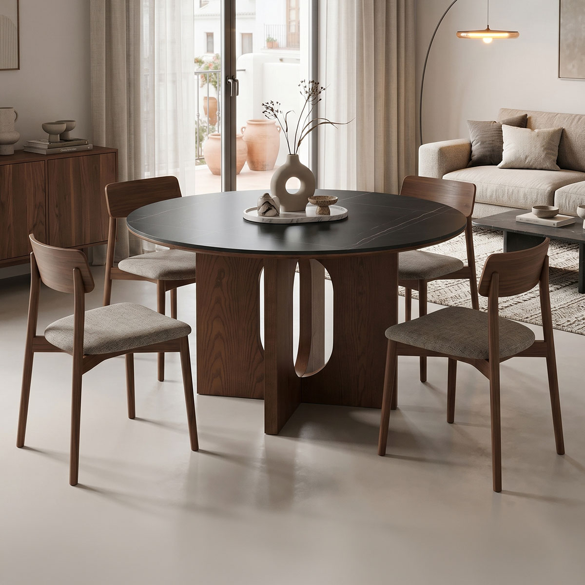 Τραπέζι Merge sintered stone MDF μαύρο μάρμαρο καρυδί βάση